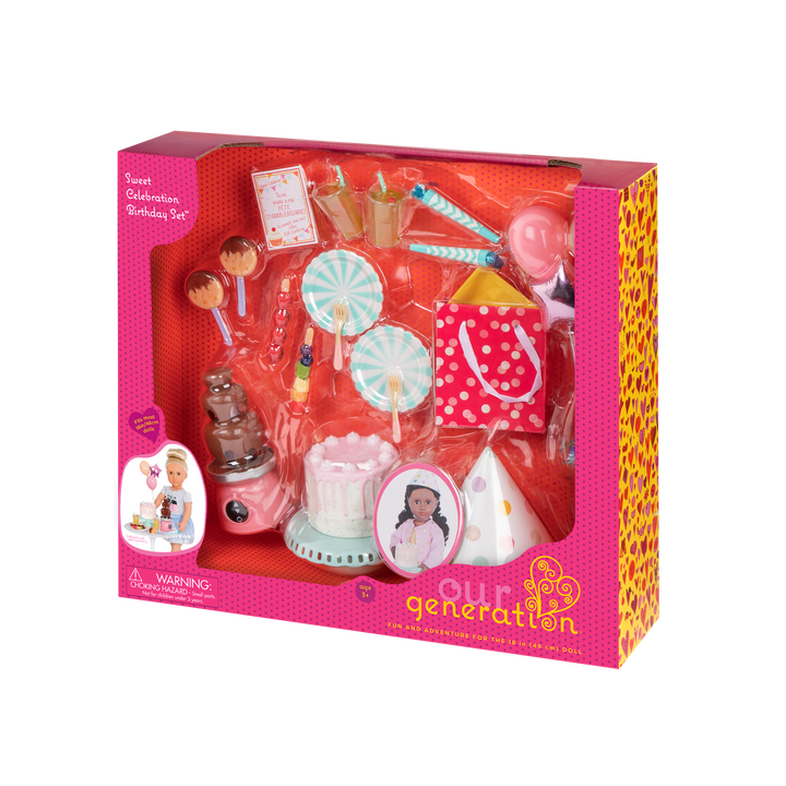 46 cm doll with birthday party playset