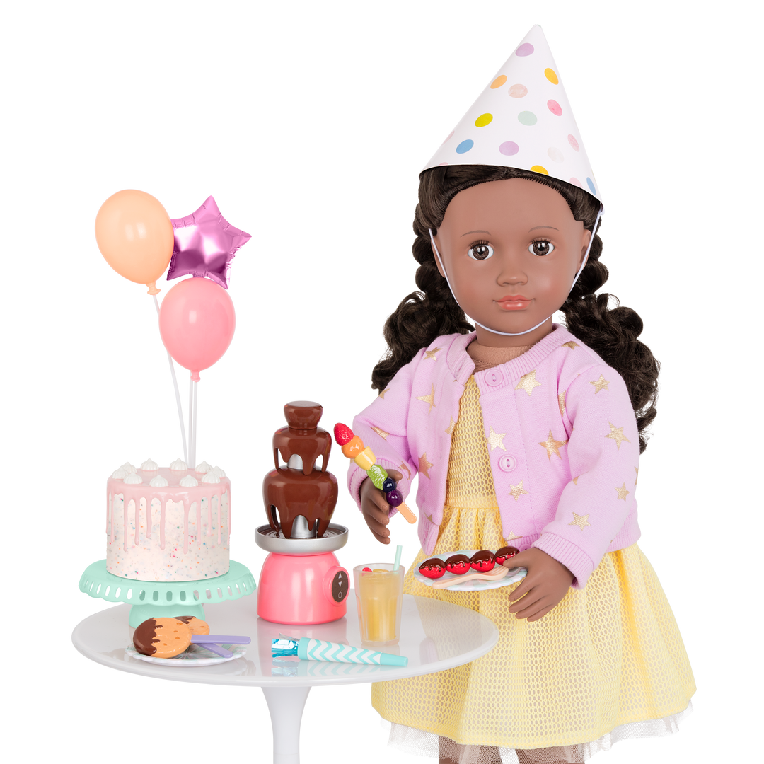46 cm doll with birthday party playset
