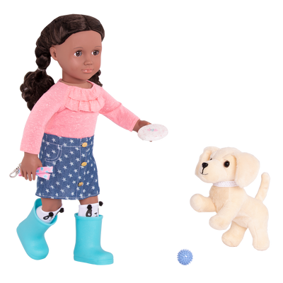 Long sleeve top and skirt with toy dog accessories for 18-inch doll