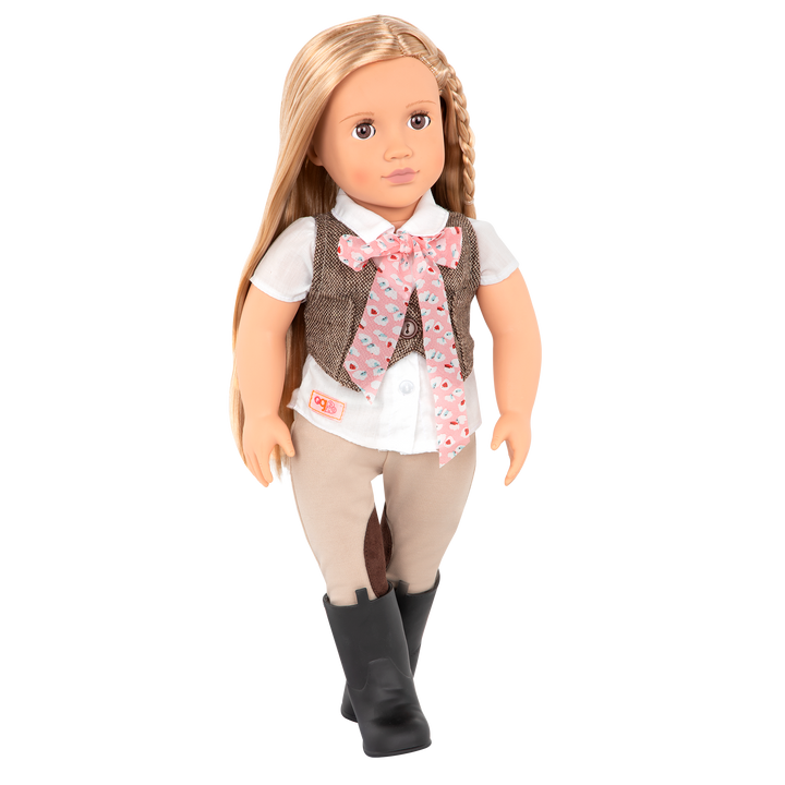 18-inch equestrian doll with blonde hair and brown eyes