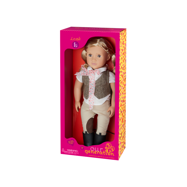 18-inch equestrian doll with blonde hair and brown eyes