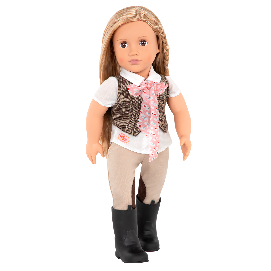 18-inch equestrian doll with blonde hair and brown eyes