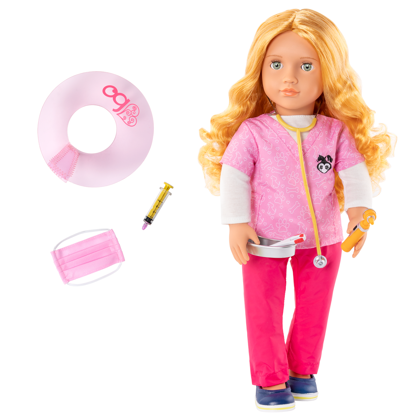 18-inch veterinarian doll with strawberry-blonde hair, green eyes and vet accessories
