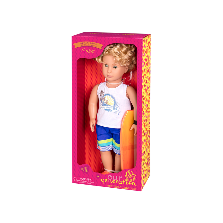 18-inch boy doll with blonde hair and green eyes holding surfboard