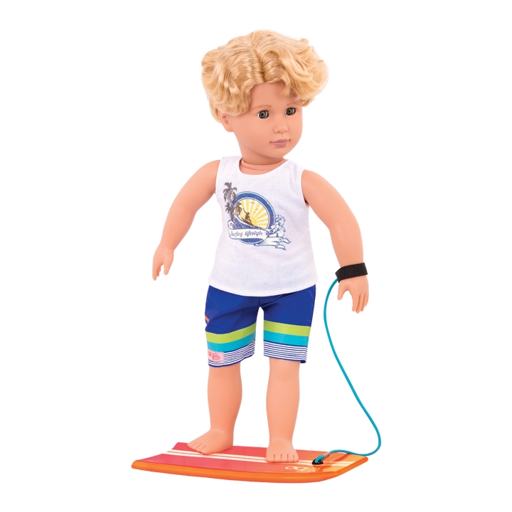 18-inch boy doll with blonde hair and green eyes holding surfboard