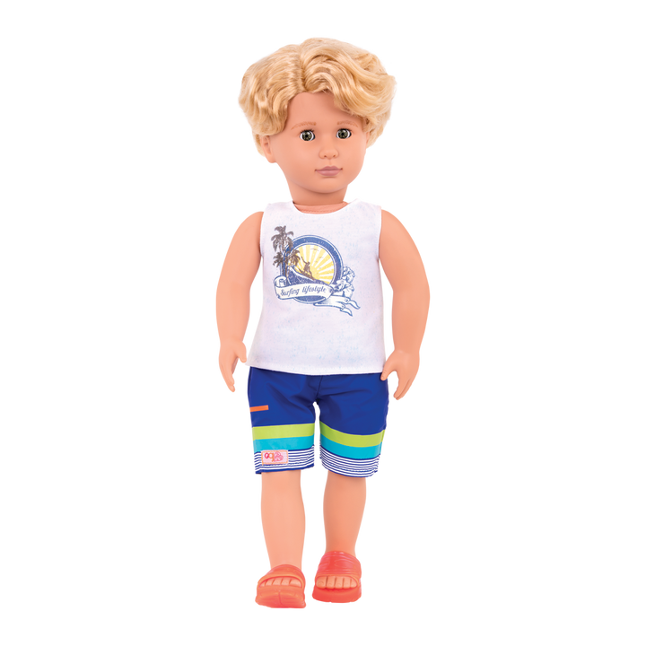 18-inch boy doll with blonde hair and green eyes holding surfboard