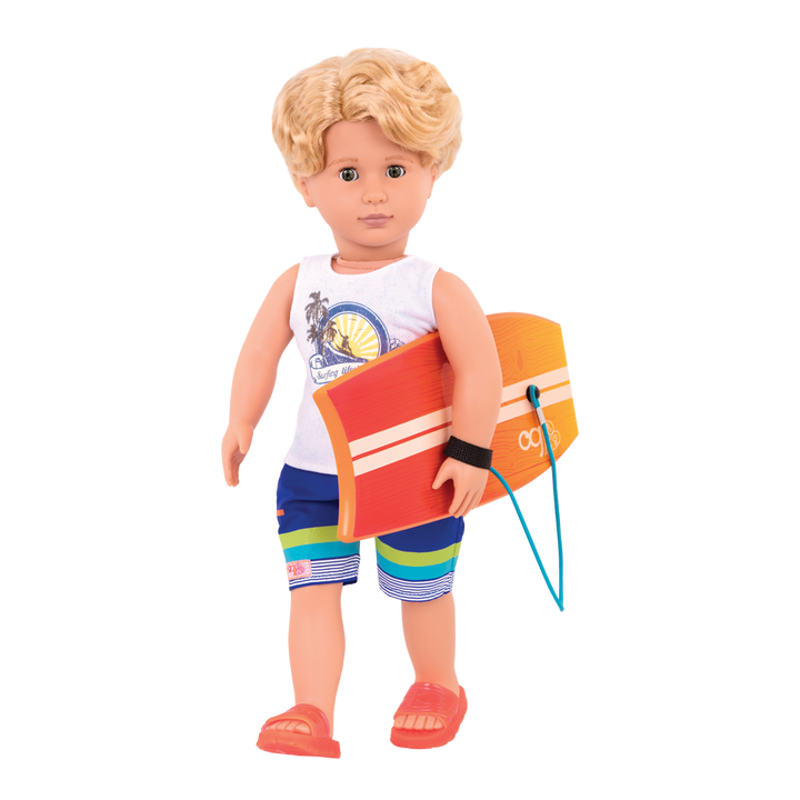 18-inch boy doll with blonde hair and green eyes holding surfboard