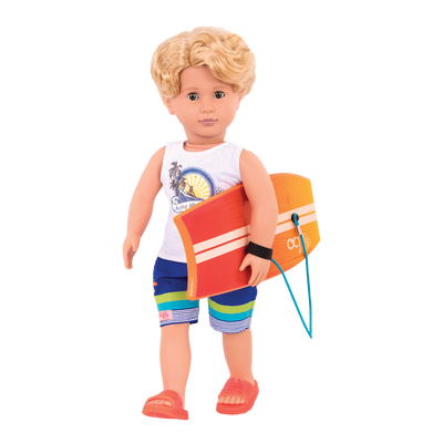 18-inch boy doll with blonde hair and green eyes holding surfboard