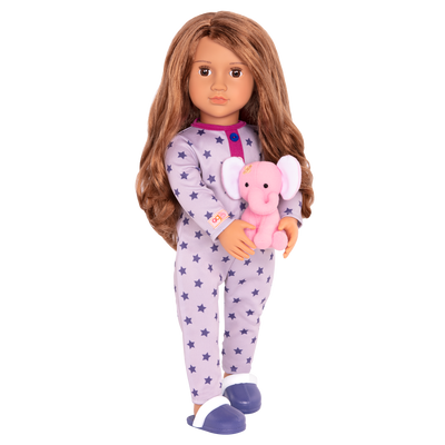 18-inch sleepover doll with light-brown hair and brown eyes holding elephant plushie