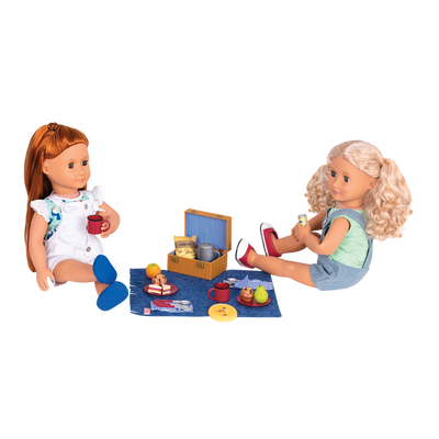 Two 18-inch dolls using picnic basket playset