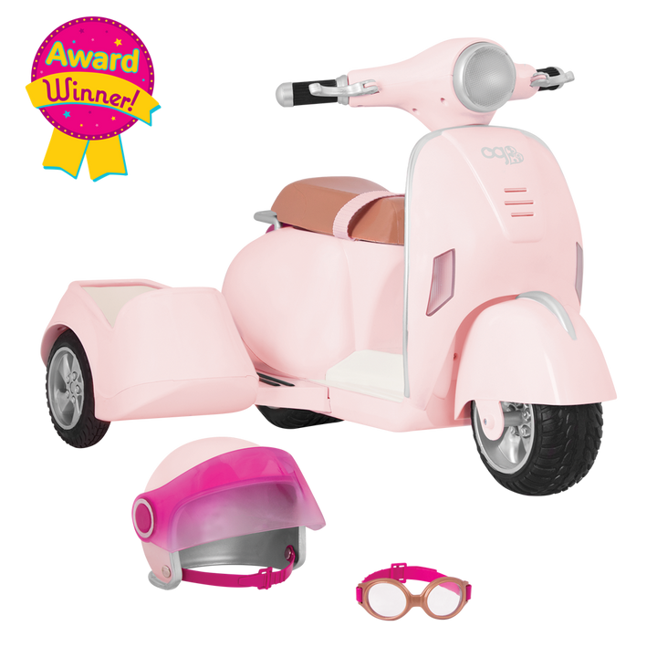 Sabina and Pup riding in Ride Along Scooter with Sidecar