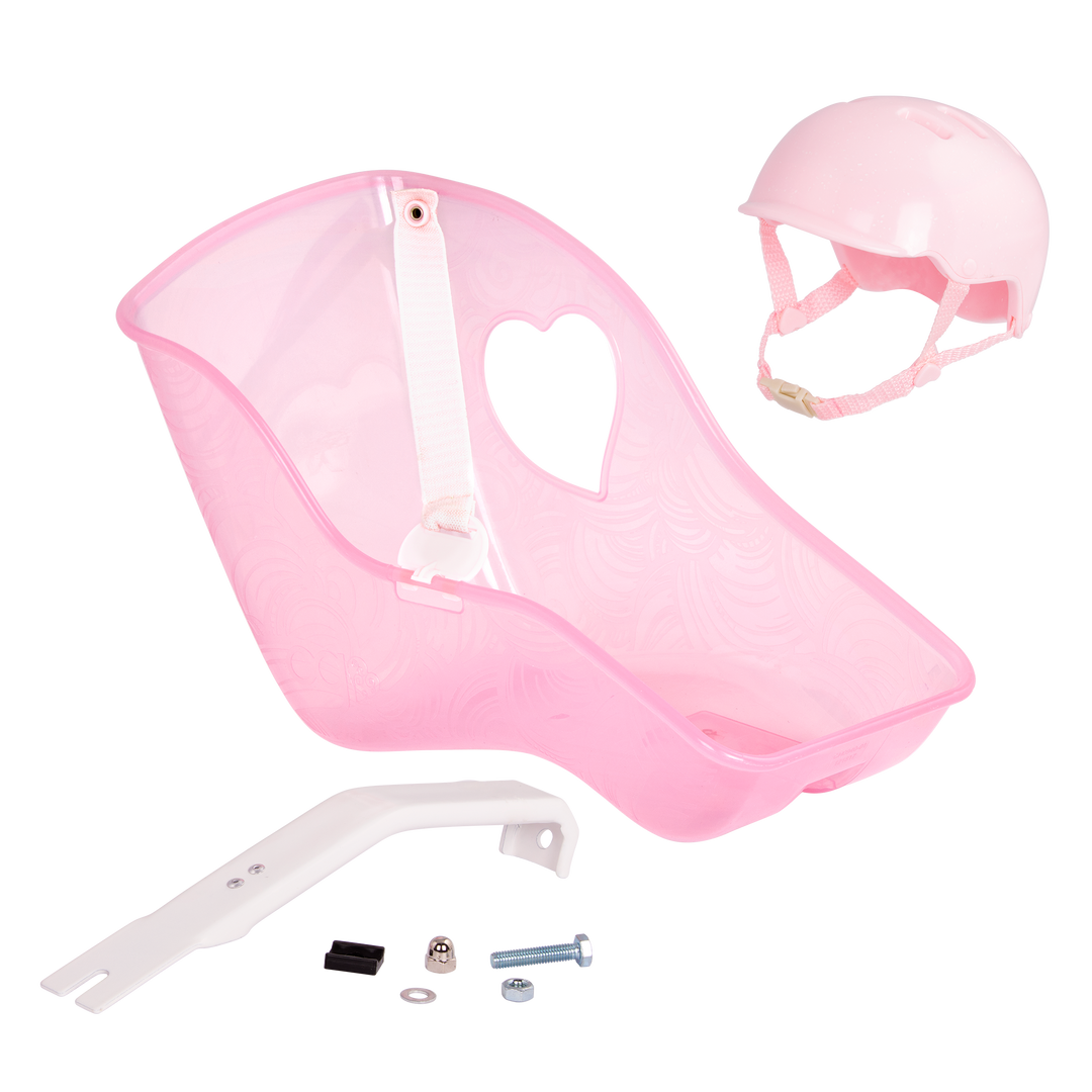 18-inch doll in toy bike seat