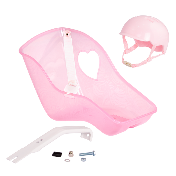18-inch doll in toy bike seat