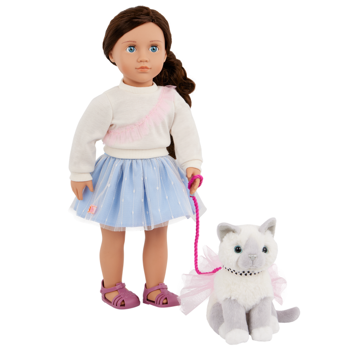 Our Generation 46 cm Doll Mindy, her Pet Cat Pepper and cat accessories
