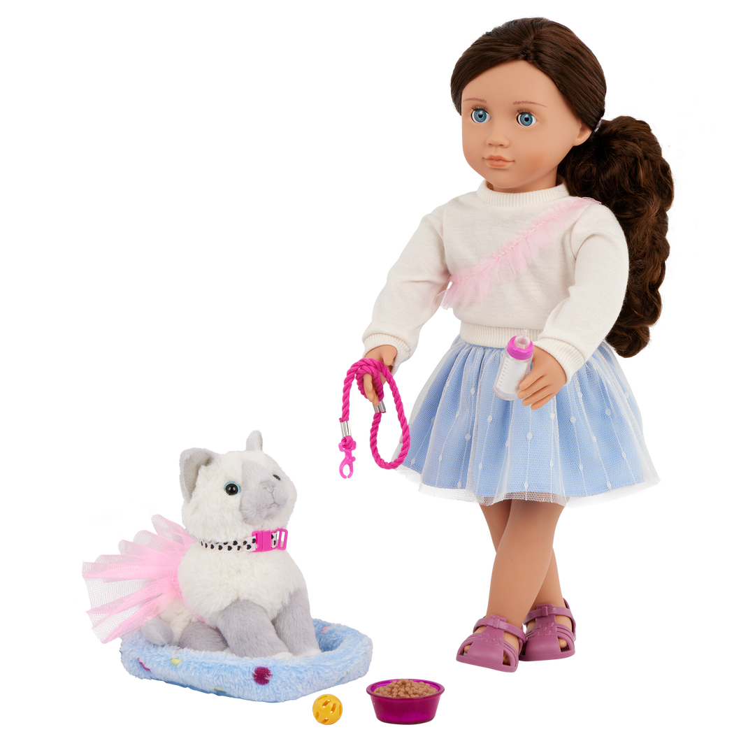 Our Generation 46 cm Doll Mindy, her Pet Cat Pepper and cat accessories