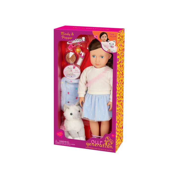 Our Generation 46 cm Doll Mindy, her Pet Cat Pepper and cat accessories