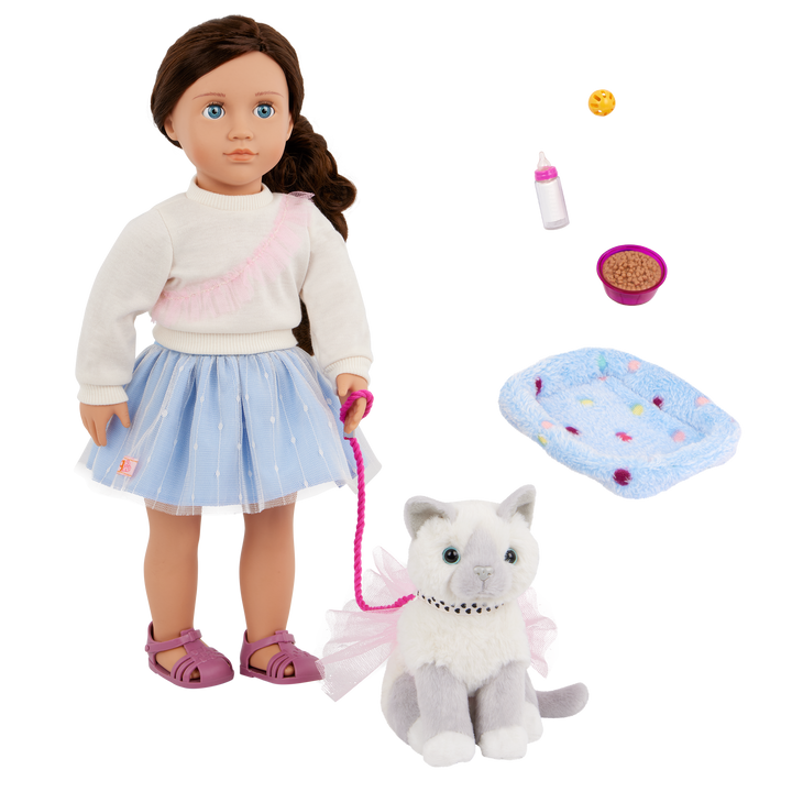 Our Generation 46 cm Doll Mindy, her Pet Cat Pepper and cat accessories