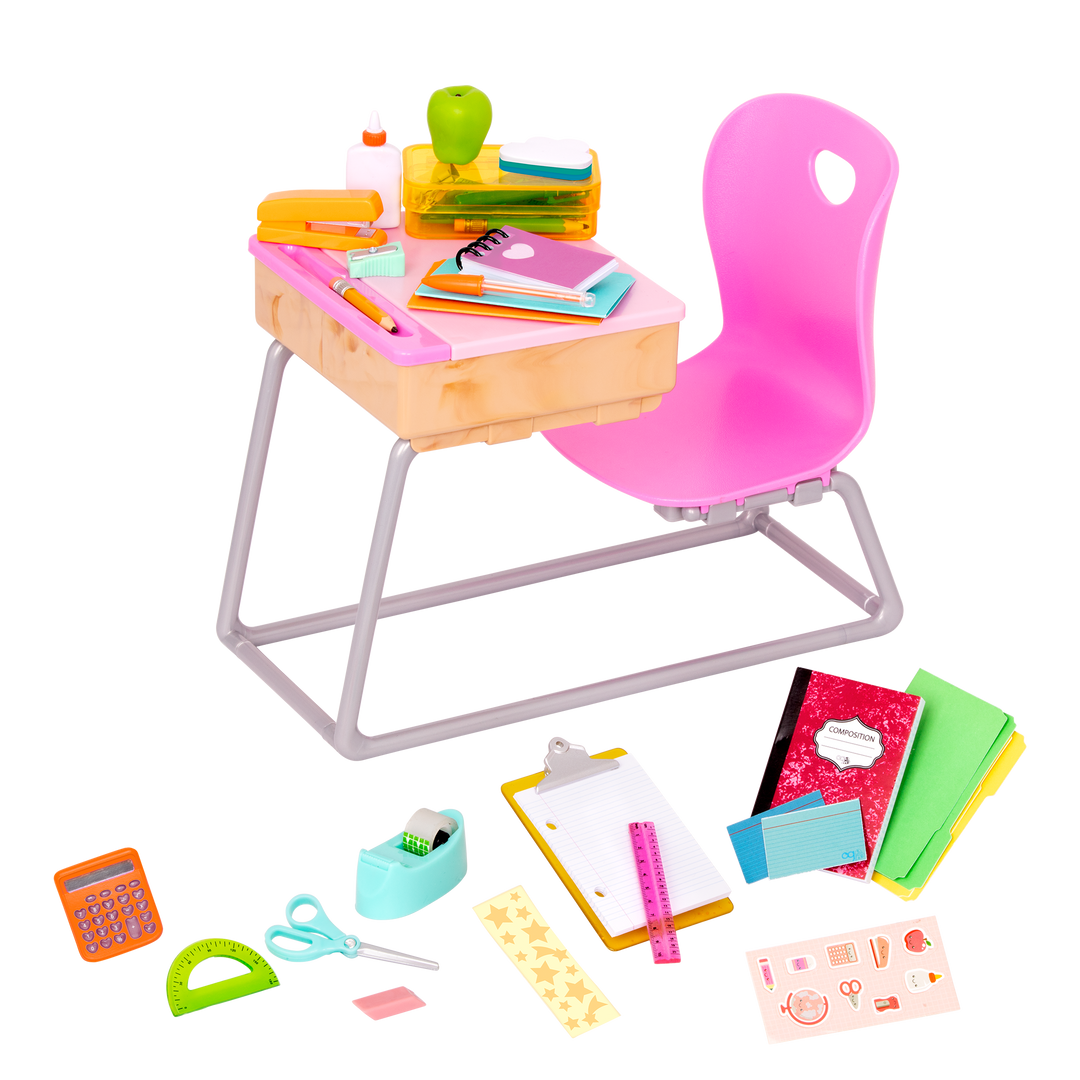 18-inch doll with student desk playset