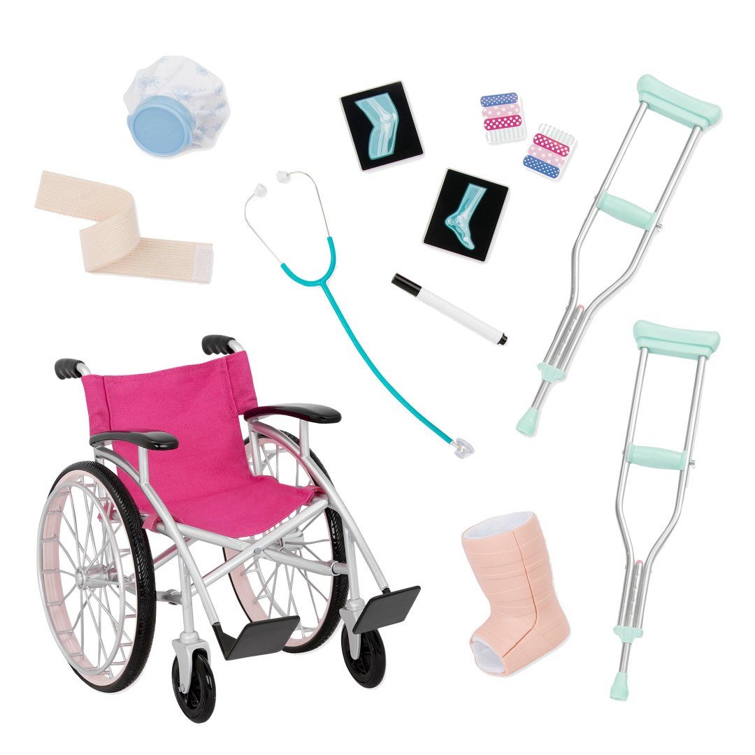 18-inch doll using medical playset and wheelchair