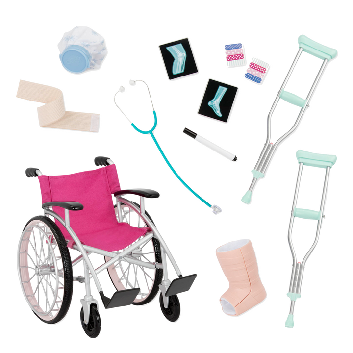 18-inch doll using medical playset and wheelchair