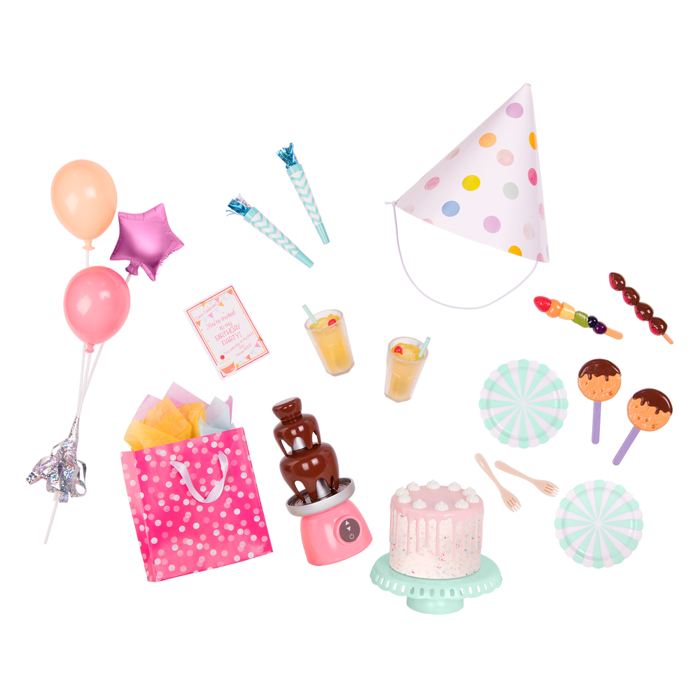 46 cm doll with birthday party playset