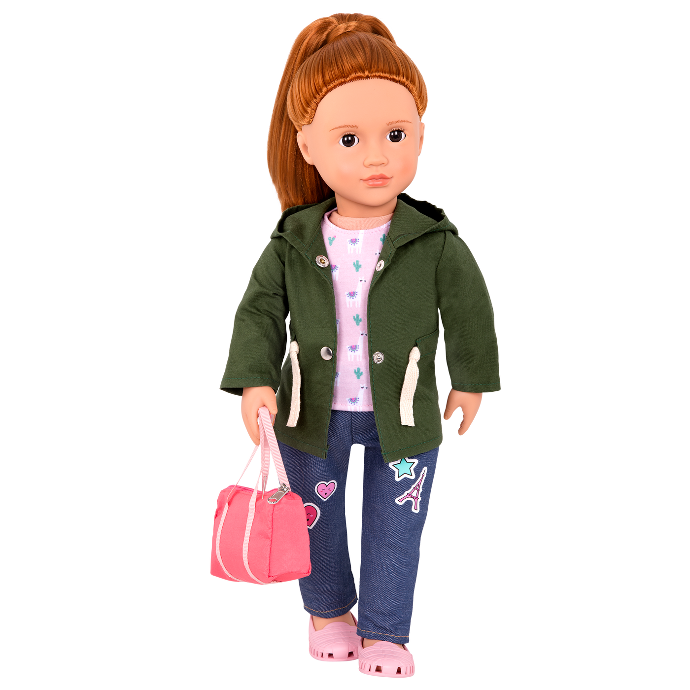 Alpaca-themed travel outfit with duffel bag for 18-inch doll