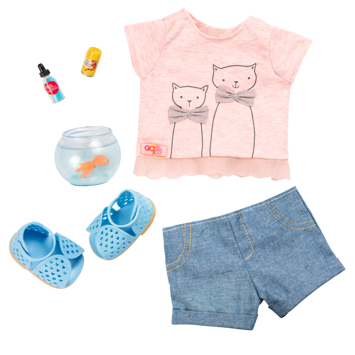 Cat-themed outfit with fish bowl and accessories for 18-inch doll