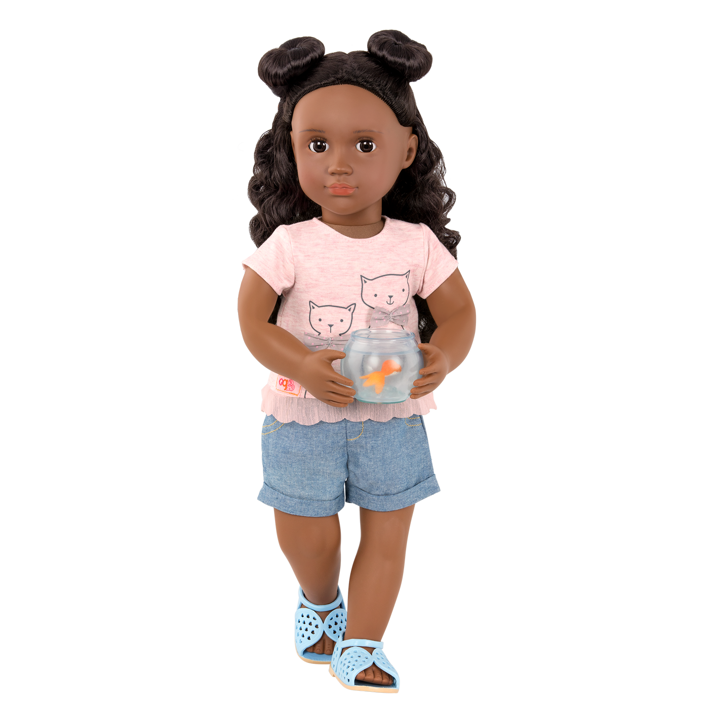 Cat-themed outfit with fish bowl and accessories for 18-inch doll