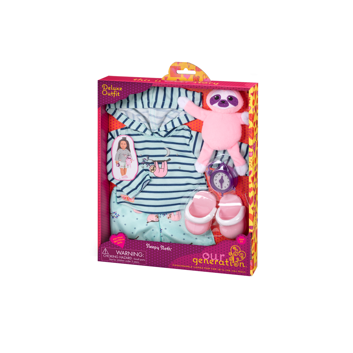 Sloth-themed pajamas with sloth plushie and alarm clock for 18-inch doll