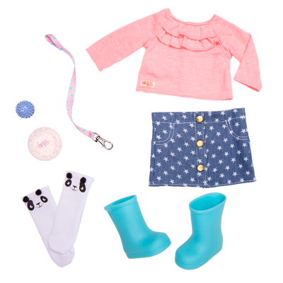 Long sleeve top and skirt with toy dog accessories for 18-inch doll