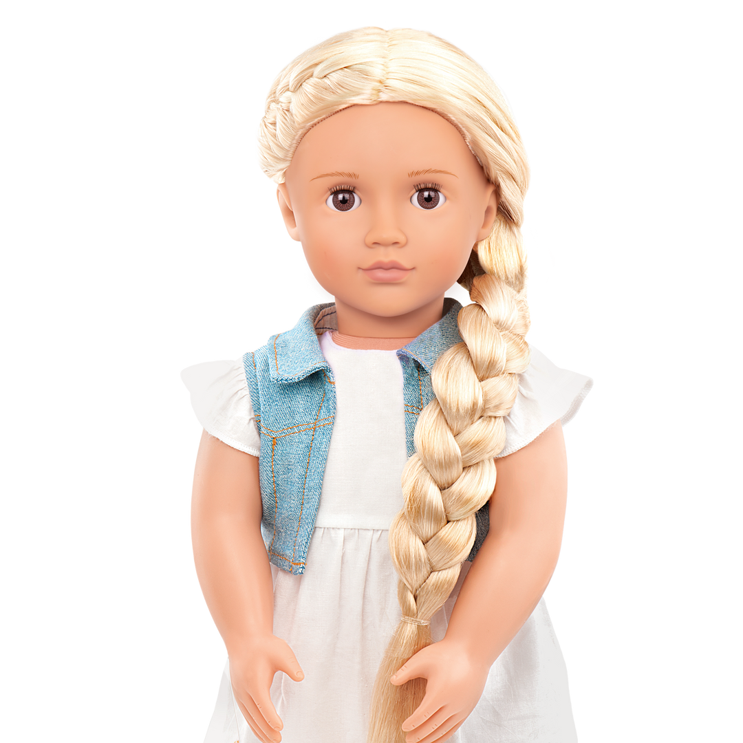 18-inch doll with blonde hair, brown eyes and extensions