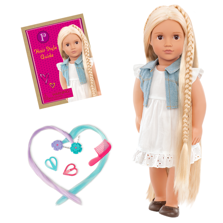 18-inch doll with blonde hair, brown eyes and extensions