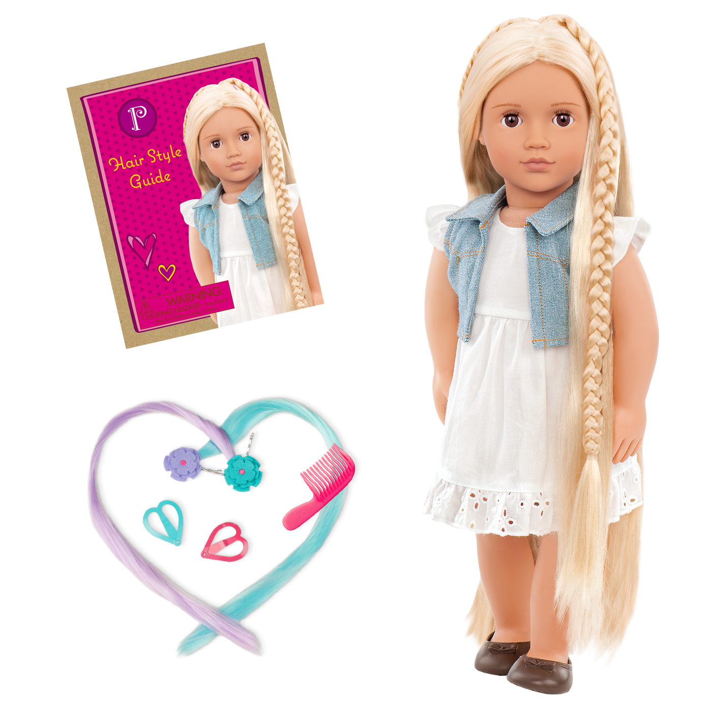 18-inch doll with blonde hair, brown eyes and extensions