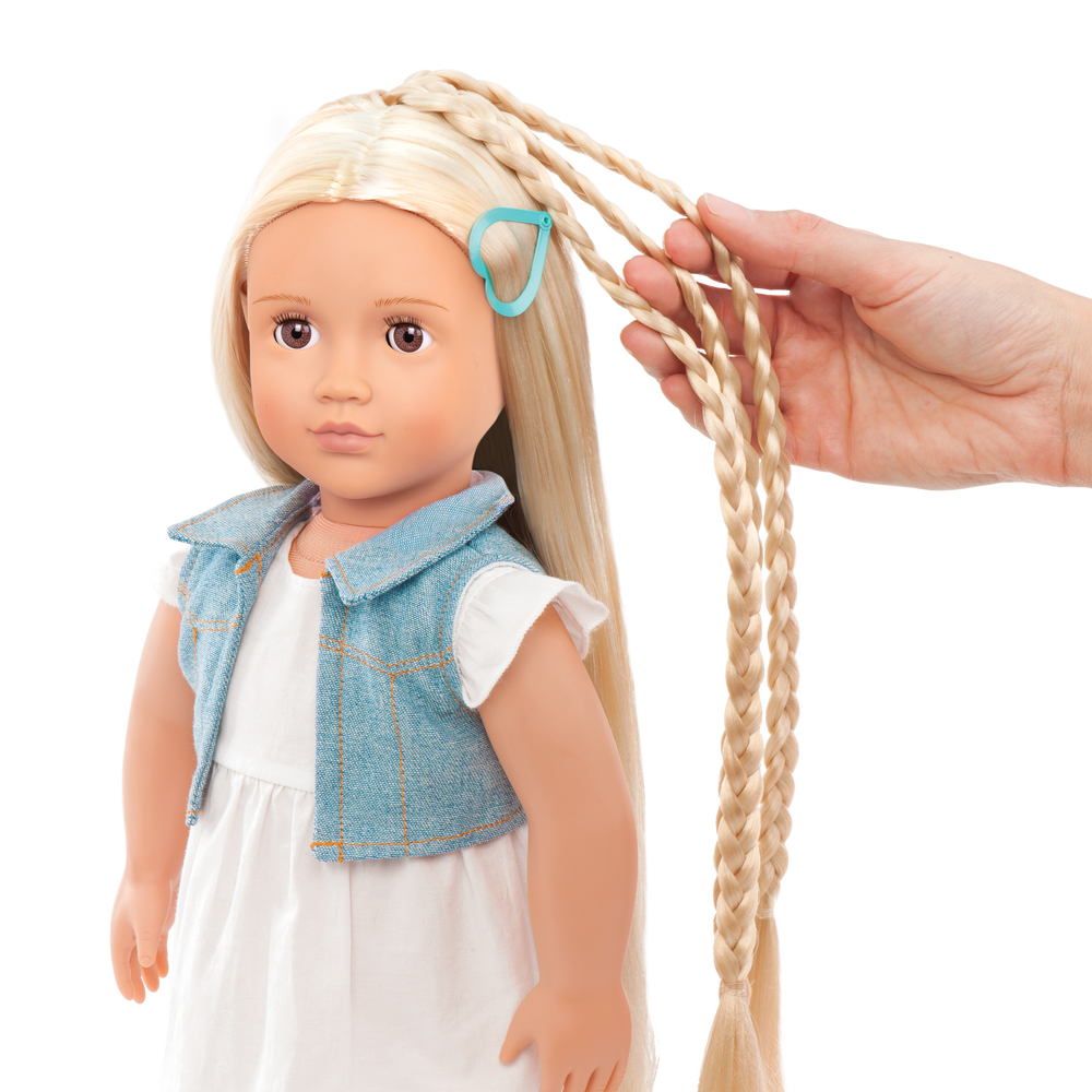 18-inch doll with blonde hair, brown eyes and extensions