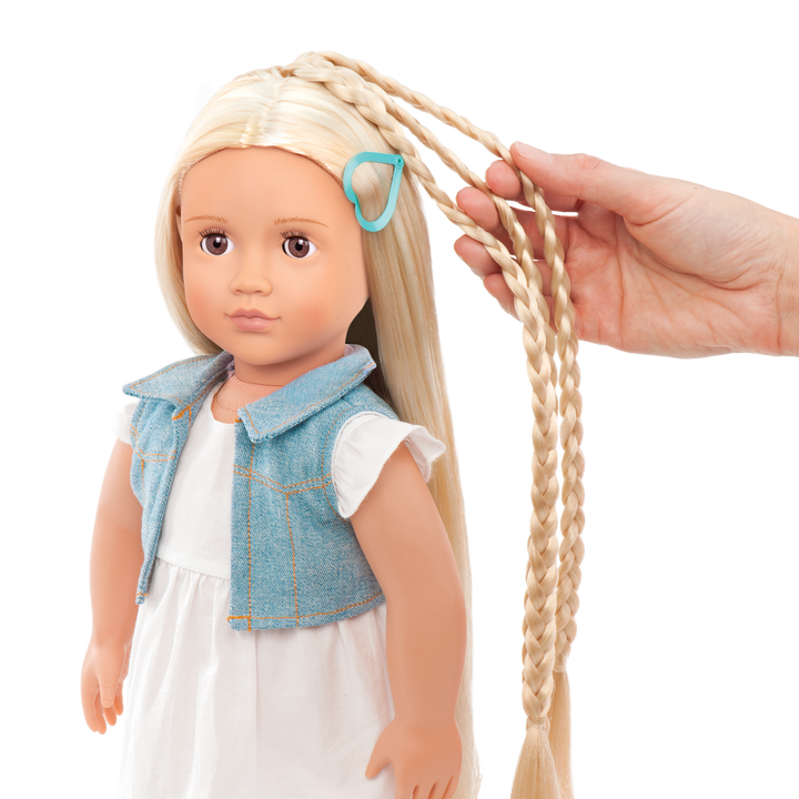 18-inch doll with blonde hair, brown eyes and extensions