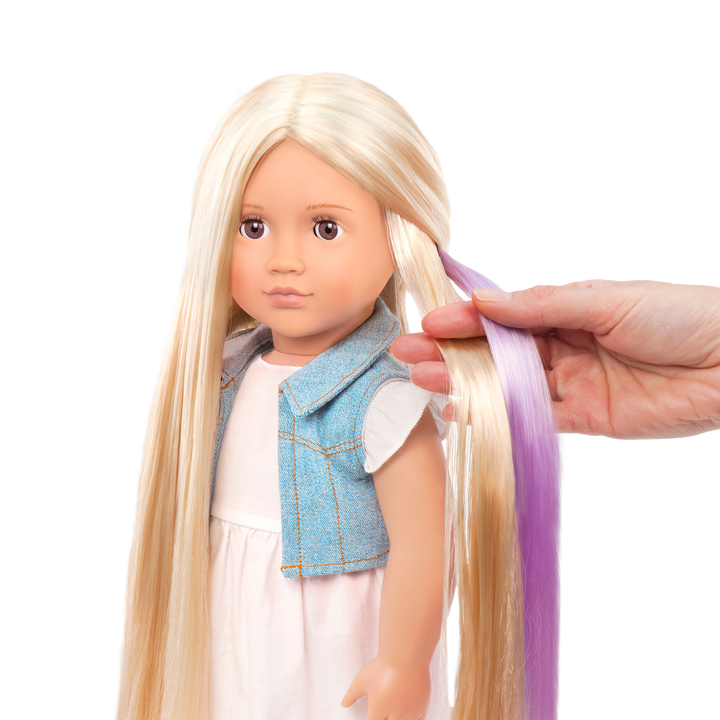 18-inch doll with blonde hair, brown eyes and extensions