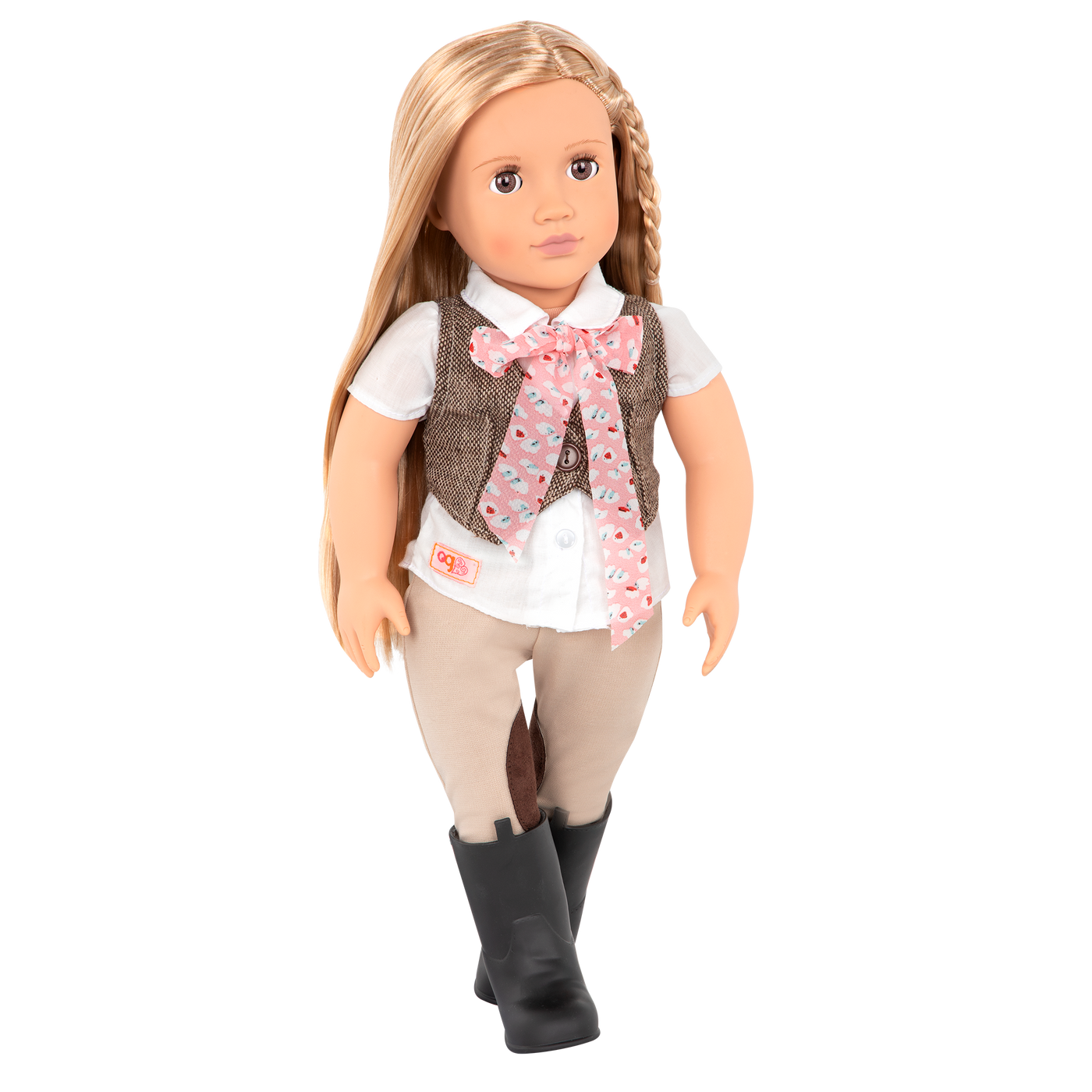 18-inch equestrian doll with blonde hair and brown eyes