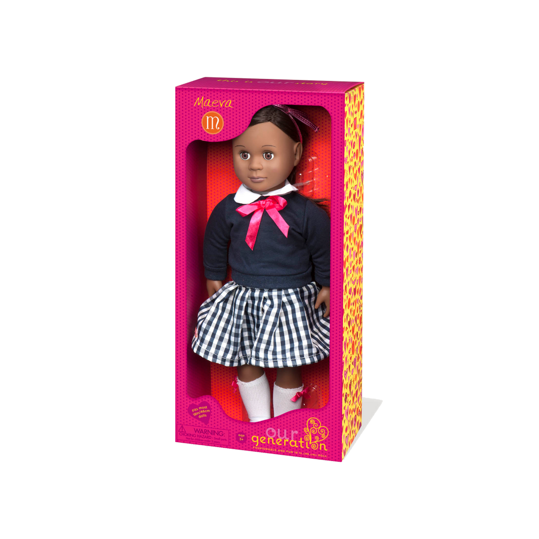 18-inch school doll with dark-brown hair and brown eyes