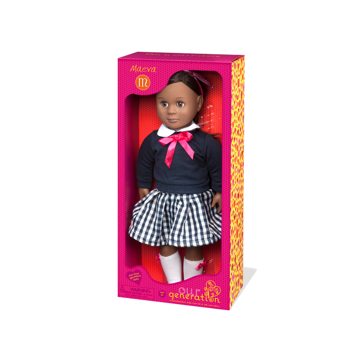 18-inch school doll with dark-brown hair and brown eyes