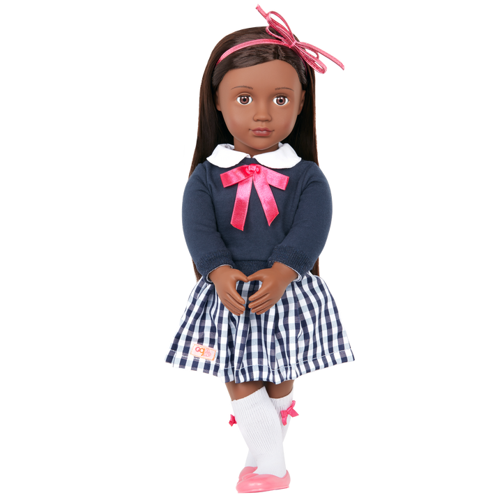 18-inch school doll with dark-brown hair and brown eyes