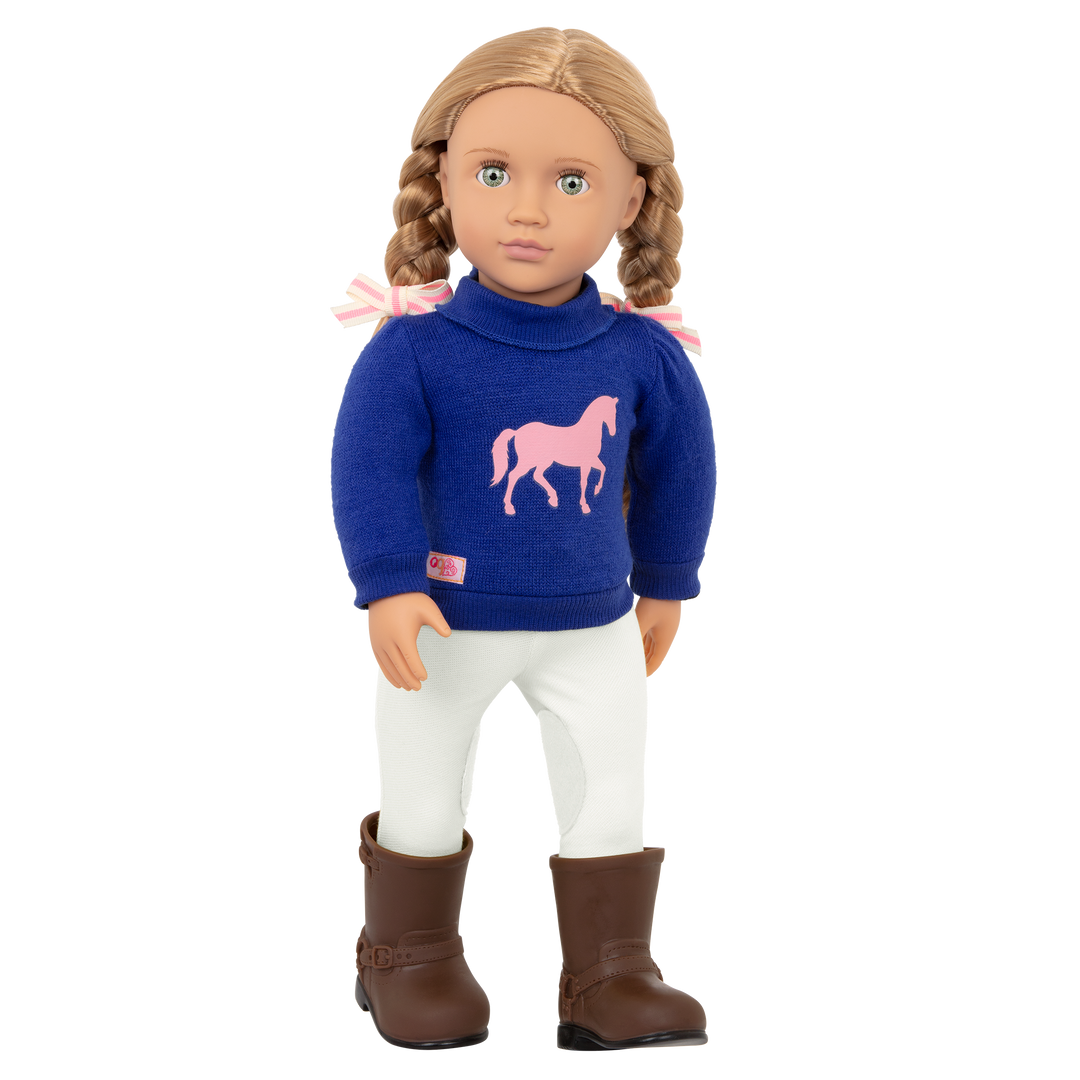 18-inch equestrian doll with blonde hair and green eyes