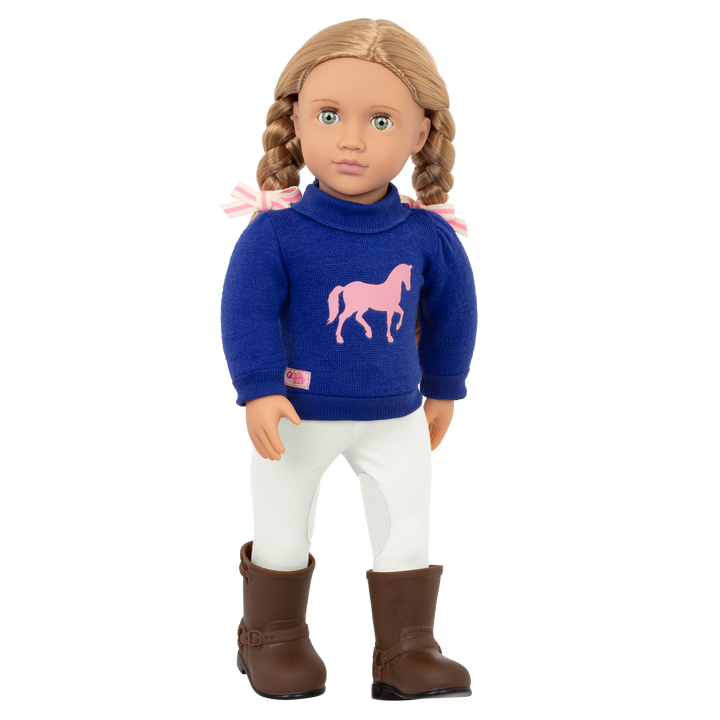 18-inch equestrian doll with blonde hair and green eyes