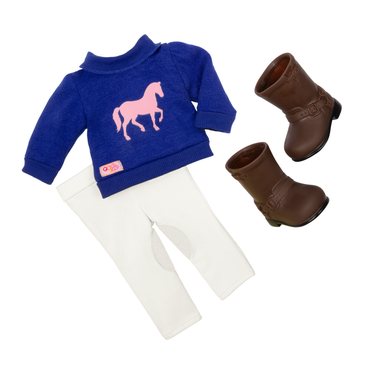 18-inch equestrian doll with blonde hair and green eyes