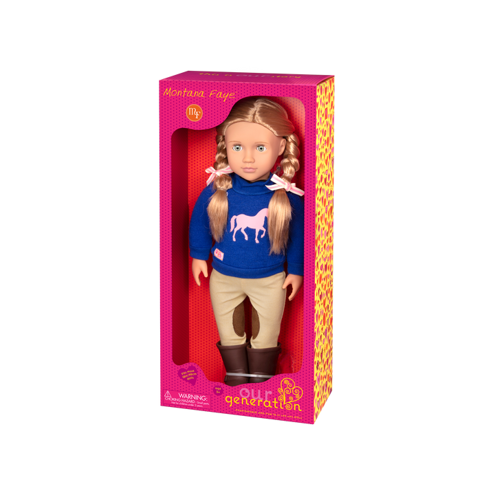 18-inch equestrian doll with blonde hair and green eyes