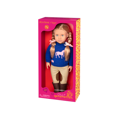 18-inch equestrian doll with blonde hair and green eyes