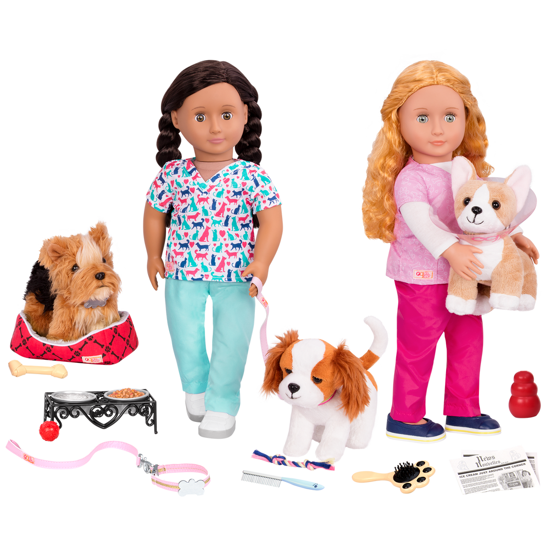 Dog plushie with pet care playset