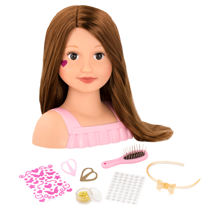 Brunette doll styling head with hair accessories