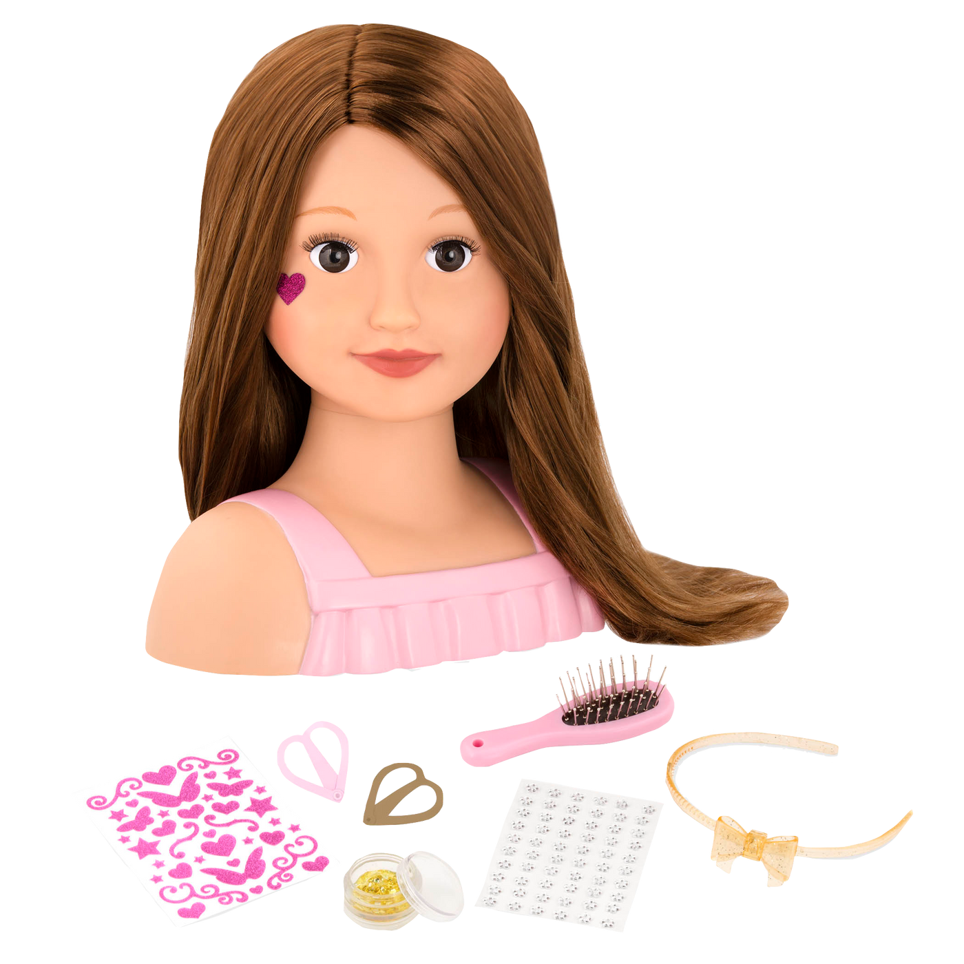 Brunette doll styling head with hair accessories
