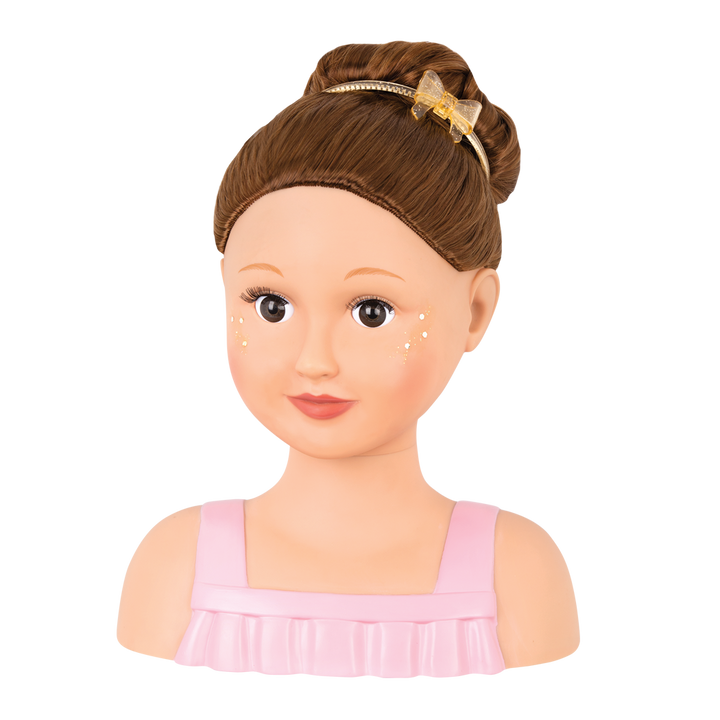 Brunette doll styling head with hair accessories