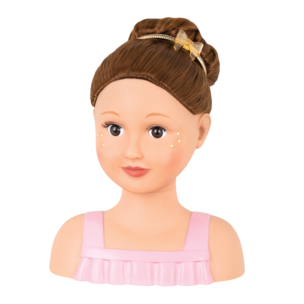 Brunette doll styling head with hair accessories